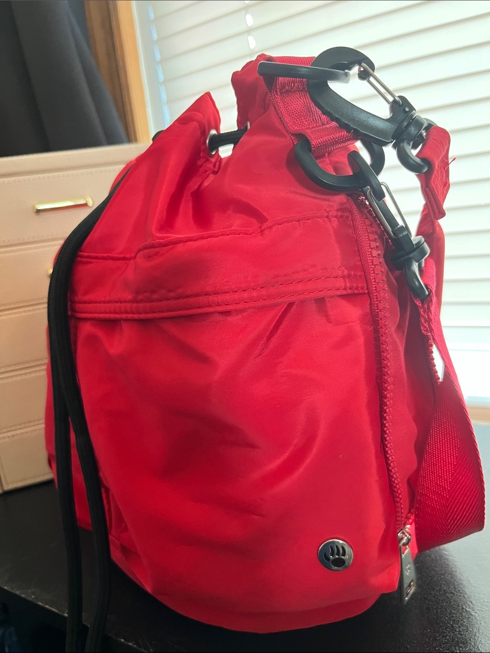 BearPaw Red Nylon Drawstring Hobo Bag with Black Accents
